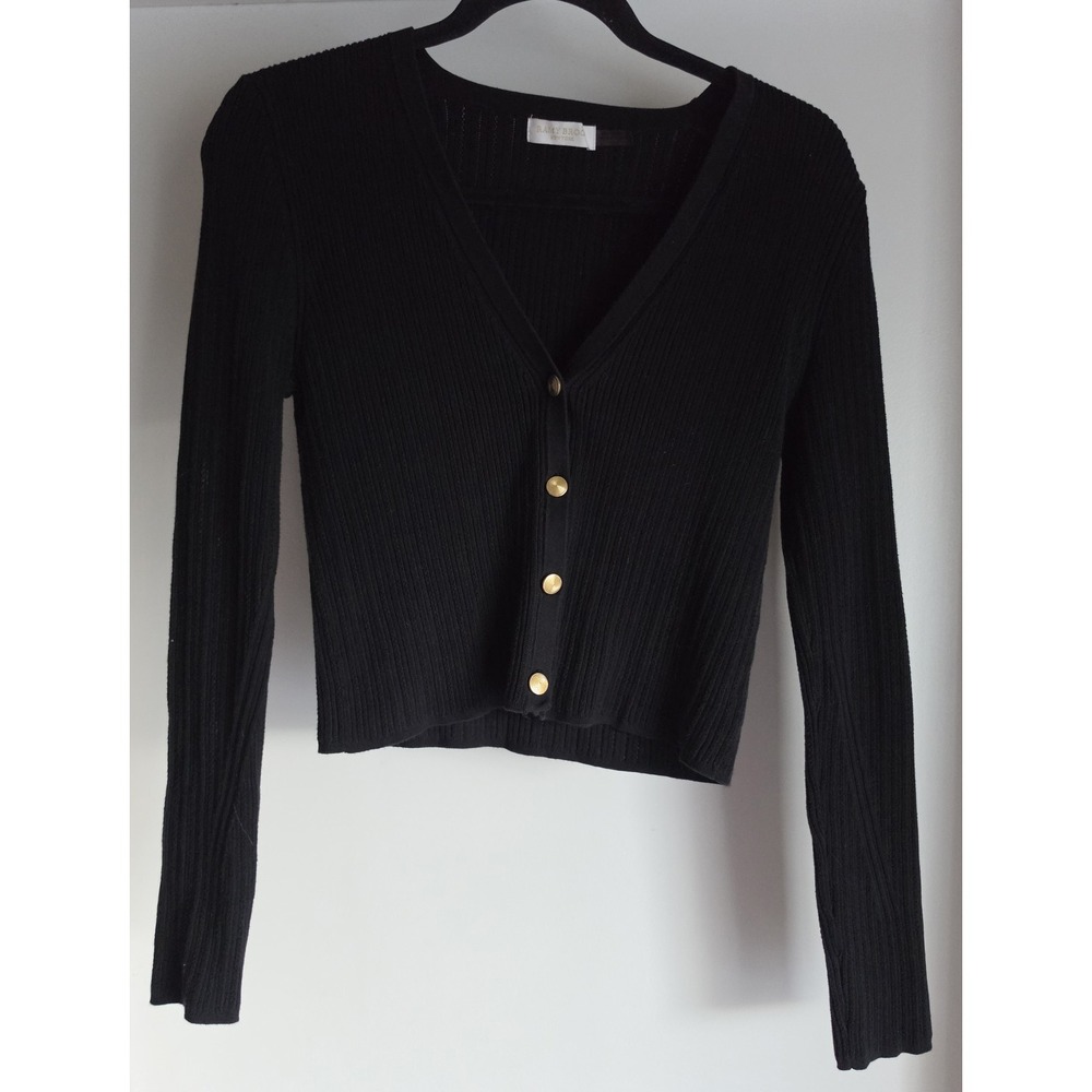 Ramy Brook Cardigan S Black V-Neck Long Sleeve Ribbed Knit Sweater Top